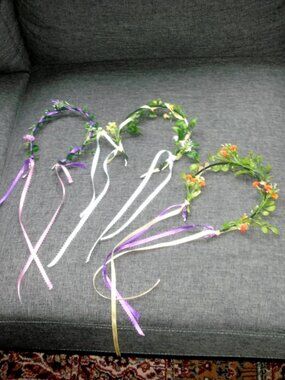 3 NEW Flower Fairy Princess Crown Headbands with Colorful Ribbons Handcrafted OS